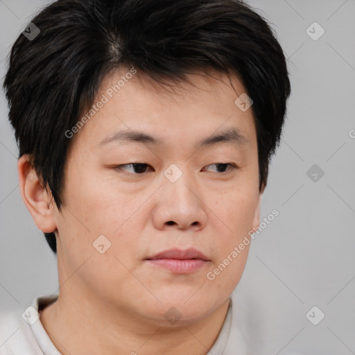 Neutral asian young-adult male with short  brown hair and brown eyes