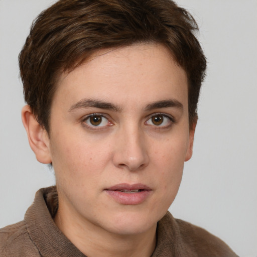 Neutral white young-adult female with short  brown hair and brown eyes