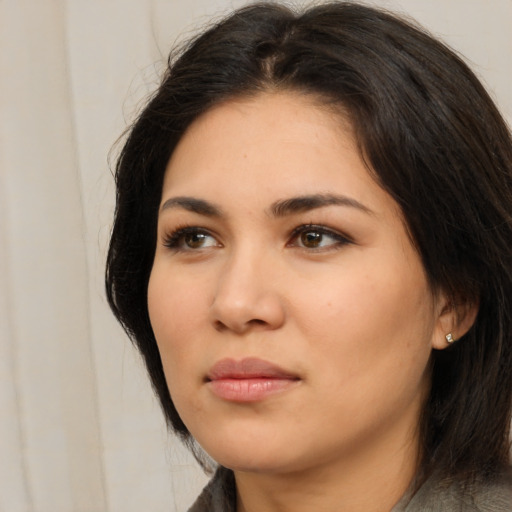 Neutral asian young-adult female with long  black hair and brown eyes