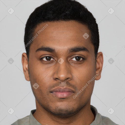 Neutral black young-adult male with short  black hair and brown eyes