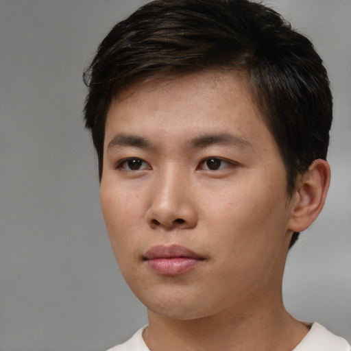 Neutral asian young-adult male with short  brown hair and brown eyes