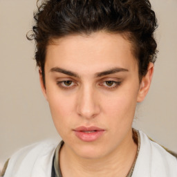 Neutral white young-adult female with short  brown hair and brown eyes