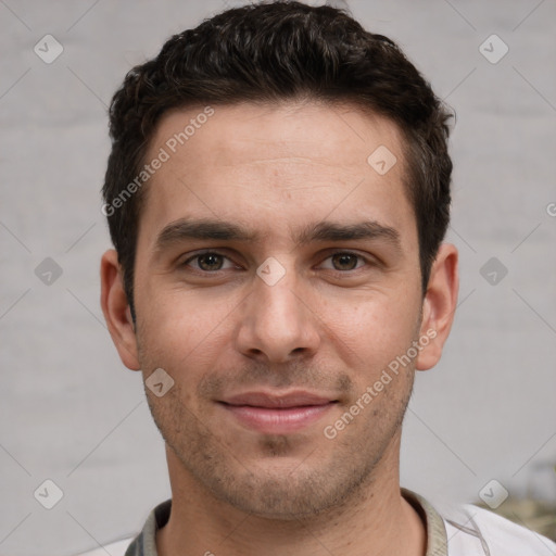 Joyful white young-adult male with short  brown hair and brown eyes