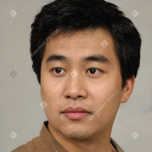 Neutral asian young-adult male with short  black hair and brown eyes