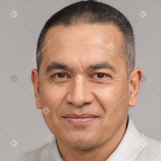 Joyful white adult male with short  brown hair and brown eyes