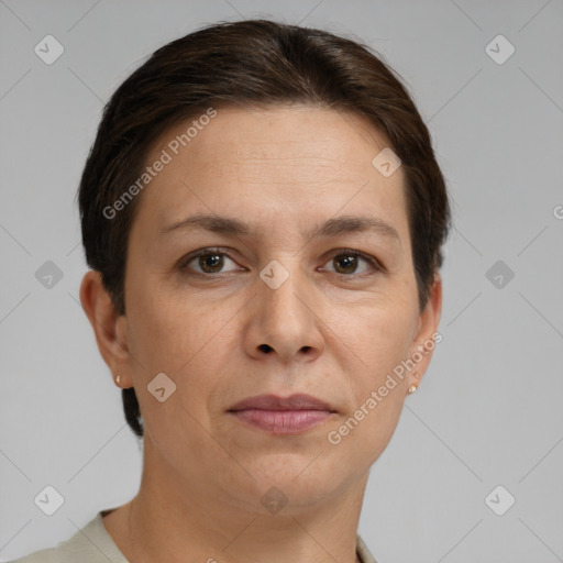 Neutral white adult female with short  brown hair and brown eyes