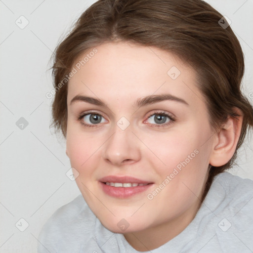 Joyful white young-adult female with medium  brown hair and blue eyes