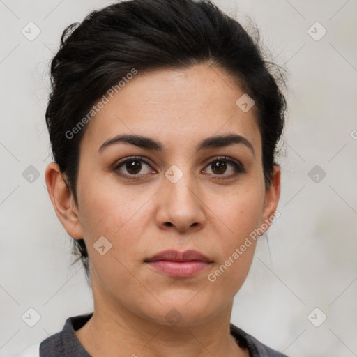 Neutral white young-adult female with medium  brown hair and brown eyes