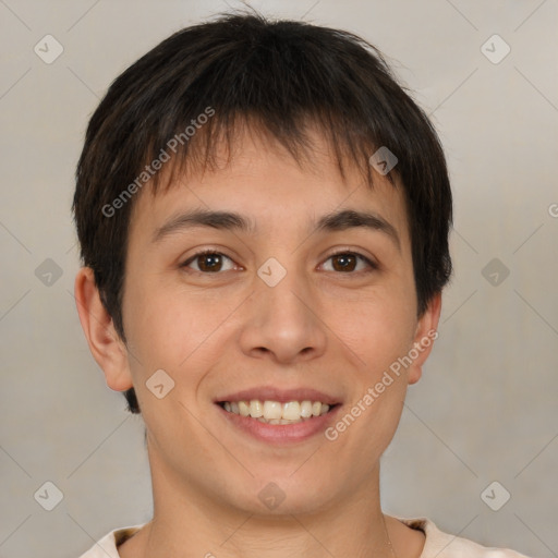 Joyful white young-adult female with short  brown hair and brown eyes