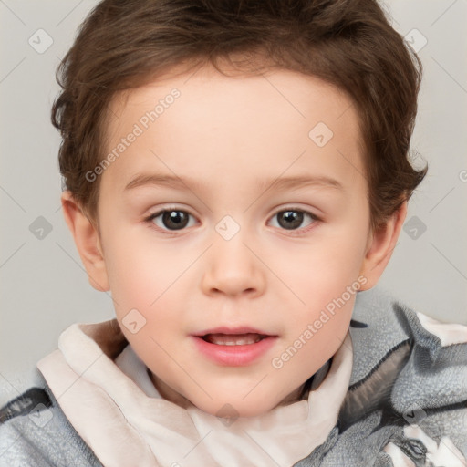 Joyful white child female with short  brown hair and brown eyes