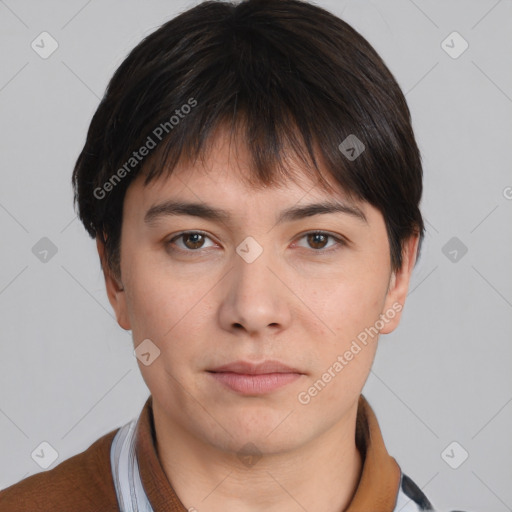 Neutral white young-adult female with short  brown hair and brown eyes