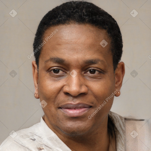 Joyful black adult male with short  black hair and brown eyes