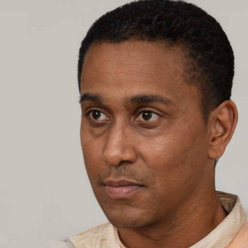 Neutral black adult male with short  black hair and brown eyes