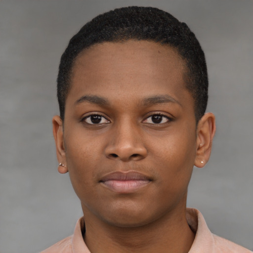 Neutral black young-adult male with short  black hair and brown eyes