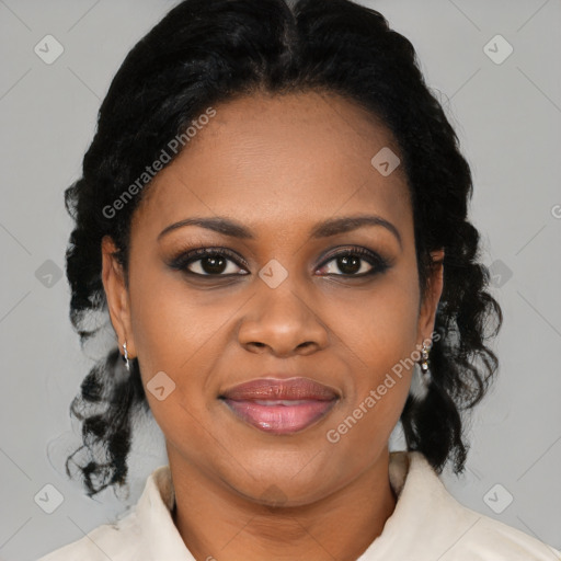 Joyful black young-adult female with medium  black hair and brown eyes