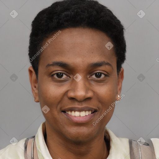 Joyful black young-adult male with short  black hair and brown eyes