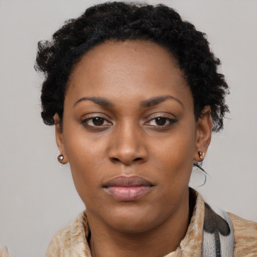 Neutral black young-adult female with short  black hair and brown eyes
