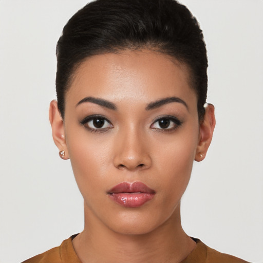 Neutral latino young-adult female with short  black hair and brown eyes