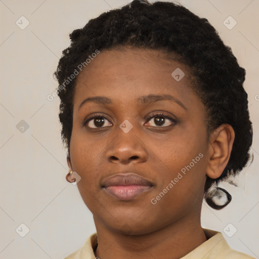 Neutral black young-adult female with short  black hair and brown eyes