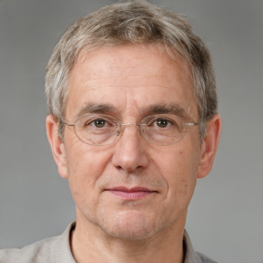 Neutral white middle-aged male with short  gray hair and grey eyes