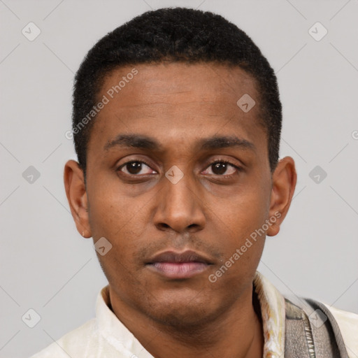 Neutral latino young-adult male with short  black hair and brown eyes