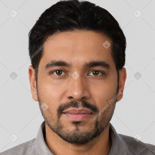 Neutral latino young-adult male with short  black hair and brown eyes