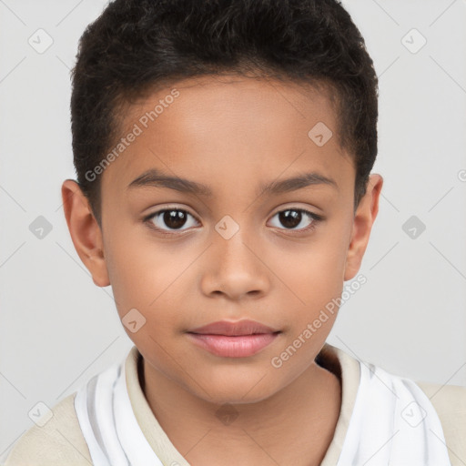 Joyful white child female with short  brown hair and brown eyes