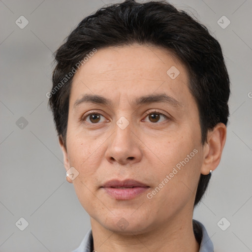 Neutral white adult female with short  brown hair and brown eyes