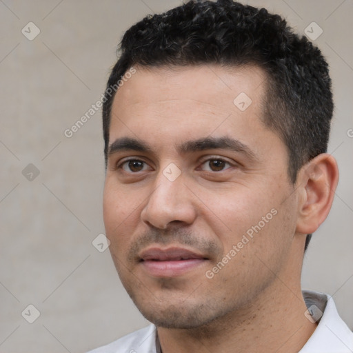 Joyful white young-adult male with short  black hair and brown eyes