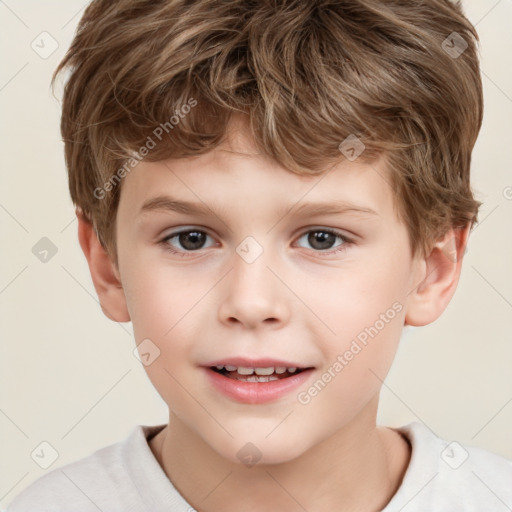 Joyful white child male with short  brown hair and brown eyes