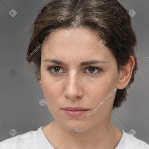 Neutral white young-adult female with medium  brown hair and brown eyes