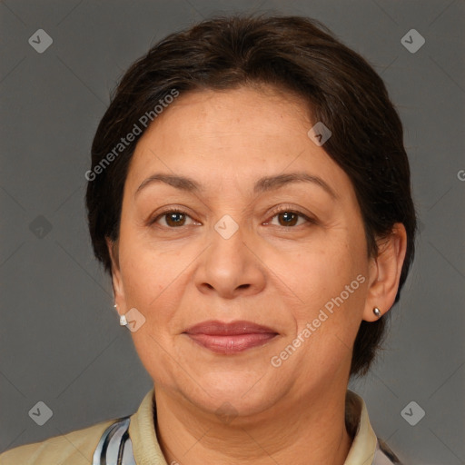 Joyful white adult female with short  brown hair and brown eyes