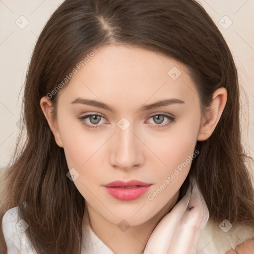 Neutral white young-adult female with long  brown hair and brown eyes