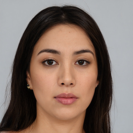 Neutral asian young-adult female with long  brown hair and brown eyes