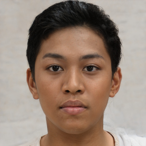 Neutral asian young-adult female with short  brown hair and brown eyes