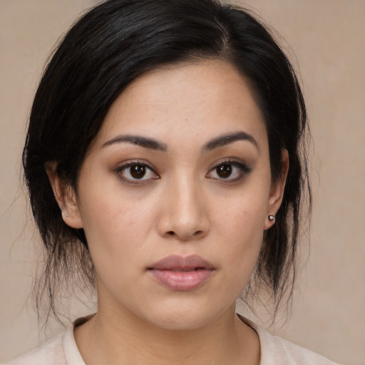Neutral asian young-adult female with medium  black hair and brown eyes