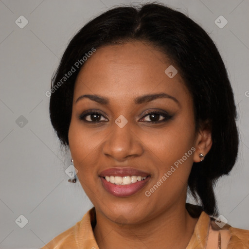Joyful black young-adult female with medium  black hair and brown eyes