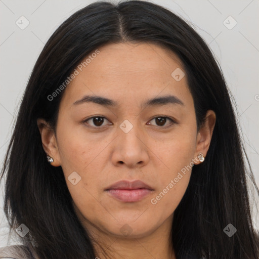 Neutral asian young-adult female with long  brown hair and brown eyes