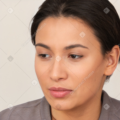 Neutral white young-adult female with medium  brown hair and brown eyes