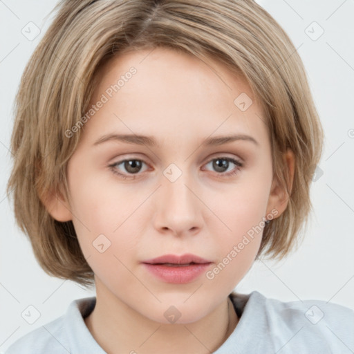 Neutral white young-adult female with medium  brown hair and grey eyes