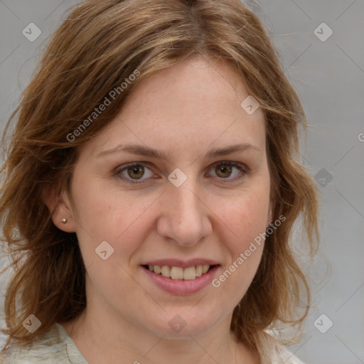 Joyful white young-adult female with medium  brown hair and blue eyes