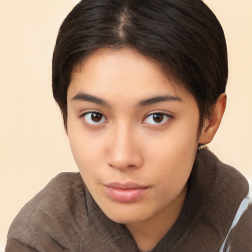 Neutral asian young-adult female with short  brown hair and brown eyes