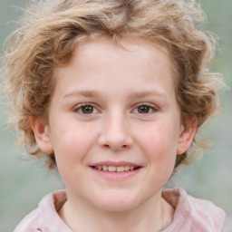 Joyful white child female with medium  brown hair and blue eyes