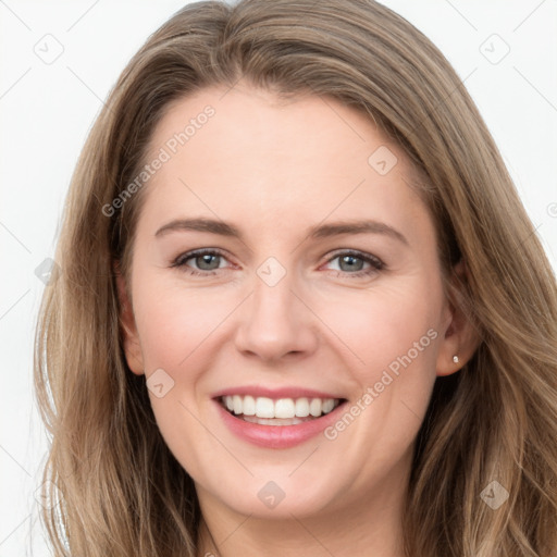 Joyful white young-adult female with long  brown hair and grey eyes