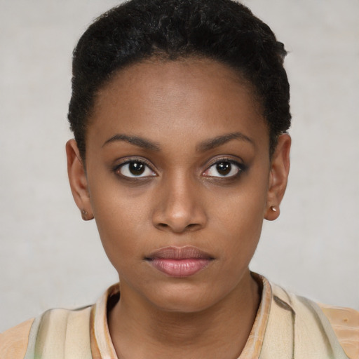 Neutral black young-adult female with short  black hair and brown eyes