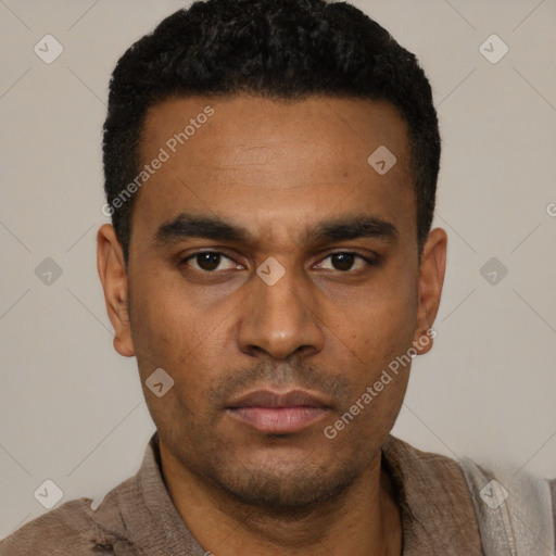 Neutral latino young-adult male with short  black hair and brown eyes