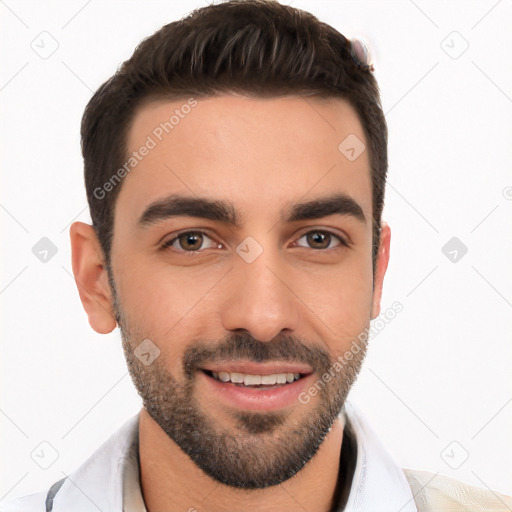 Joyful white young-adult male with short  black hair and brown eyes