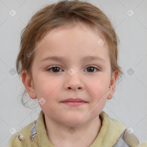 Neutral white child female with medium  brown hair and blue eyes