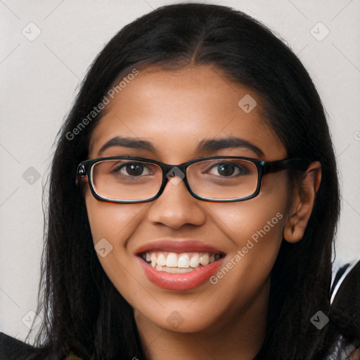 Joyful latino young-adult female with long  brown hair and brown eyes