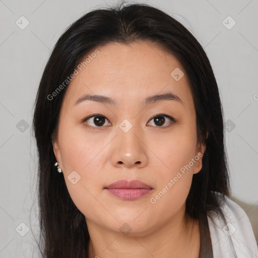 Neutral asian young-adult female with medium  brown hair and brown eyes